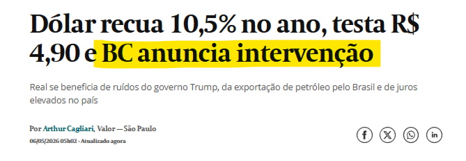 BC anuncia swap cambial REVERSO de R$ 500 milhões 😳

É a primeira vez desde 2016 que essa medida é acionada.  

Pode parecer contraintuitivo, mas na vida e na economia, tudo tem um trade-off. 

O Brasil é um grande exportador de commodities e essa atividade carrega o PIB. Se o