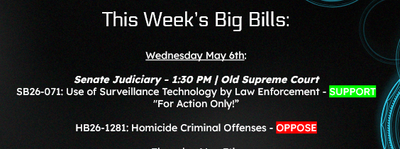 FreeStateColor1's tweet photo. TODAY: Two important bills being heard in the Senate Judiciary Committee: 

SB26-071 is @Senator_LyndaZ's attempt to protect the privacy of Coloradans and put some guardrails around the mass surveillance system that's being built around us. Unfortunately, this bill isn't going anywhere but the discussion in the Committee should still be interesting.

Also, HB26-1281, the controversial bill that makes it more difficult to charge someone with First Degree Murder in Colorado is being heard in Committee after passing the House. You can testify on this one!