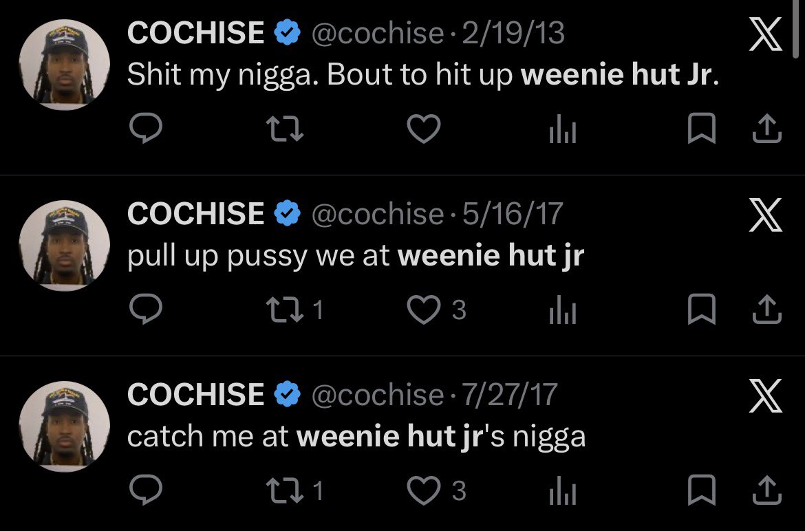 RealPattyMelt's tweet photo. @cochise pulled up to weenie hut back in 13’ 
then 4 years later, returned twice.

Almost a decade has passed and there’s no mention of bro ever returning to the hut. https://t.co/GnydDsFZbv