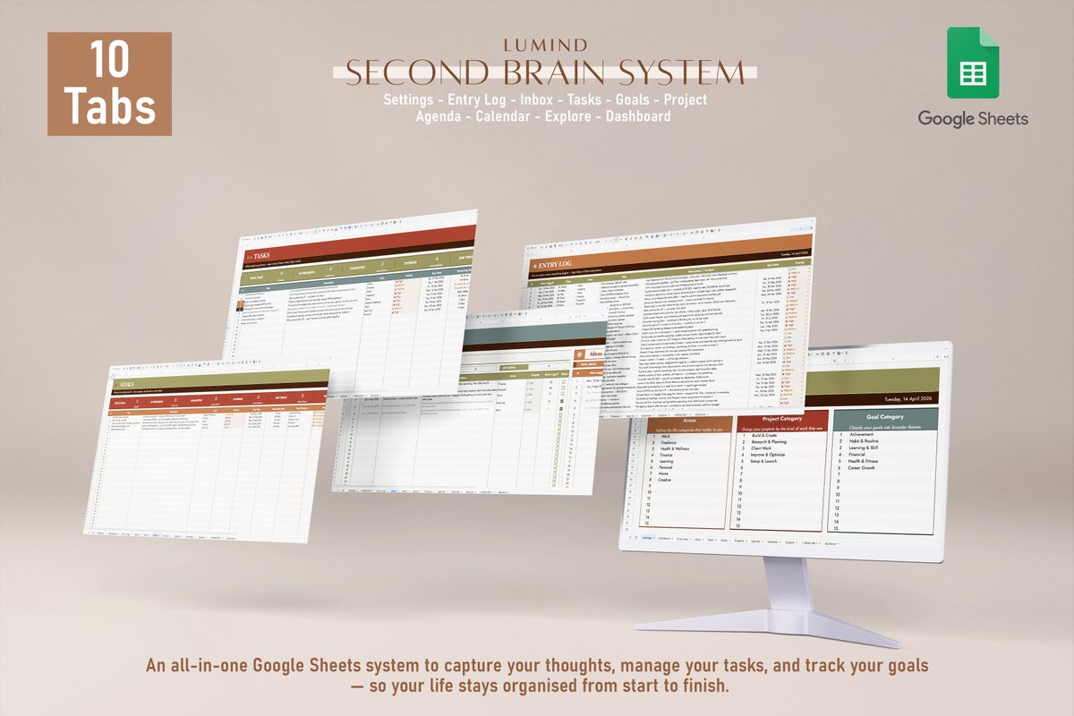 DigitalGoodsf's tweet photo. Lumind runs on one simple idea — log it once, and let it flow. 🌿 One entry point. Ten tabs. Everything connected. Nothing lost. 🤎

#secondbrain #googlesheets #productivity #lifeplanner #goaltracker #taskmanager #projecttracker https://t.co/RNAGegeSNw