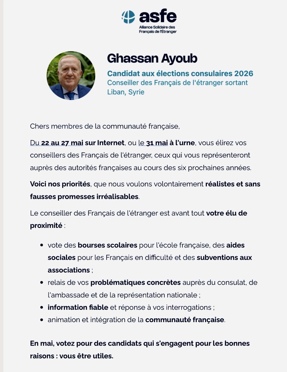 gusbouba's tweet photo. Mercredi 6 mai 2026 : Election des Conseillers des Français de l'étranger.
Vote par internet : du 22 au 27 mai
Vote à l'urne : le 31 mai
A Beyrouth au Campus de l'Ambassade de France
A jounieh au Collège Saint Joseph Antoura
A tripoli au Lycée Lamartine
A Saïda à IFL Khan ElFranj https://t.co/81hcig0sTO