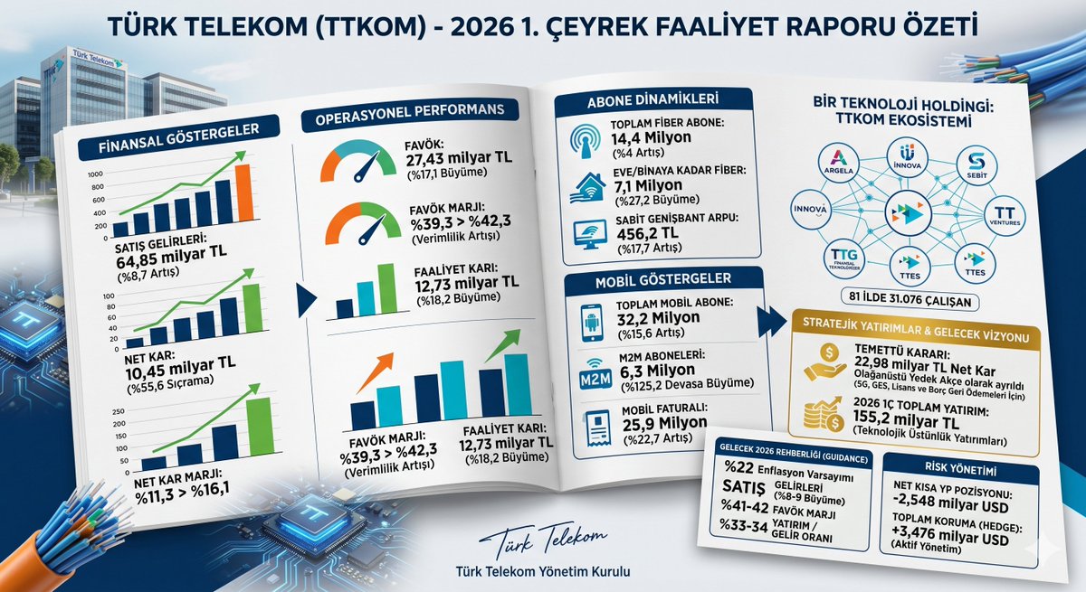 madmenilker's tweet photo. Türk Telekom (  #TTKOM ) 2026 yılı 1. çeyrek finansallarını ve faaliyet raporunu inceledim. 

Şirket oldukça güçlü bir çeyreği geride bırakmış. Satış gelirleri yıllık yüzde 8,7 artışla 64,85 milyar TL seviyesine ulaşırken, net kar yüzde 55,6 gibi ciddi bir sıçramayla 10,45 milyar TL olarak gerçekleşti. 

Şirketin net kar marjı ise yüzde 11,3'ten yüzde 16,1'e yükselmiş durumda.  Operasyonel karlılık tarafında da tablo son derece pozitif. FAVÖK yıllık yüzde 17,1 artarak 27,43 milyar TL seviyesine çıkmış. 

Burada asıl dikkat edilmesi gereken nokta, FAVÖK marjının yüzde 39,3'ten yüzde 42,3'e yükselmesi; bu durum şirketin operasyonel verimliliğini artırdığını net bir şekilde gösteriyor. 

Şirketin faaliyet karı da yıllık yüzde 18,2 oranında büyüyerek 12,73 milyar TL oldu.  Abone ve ARPU (Kullanıcı Başı Ortalama Gelir) dinamiklerine baktığımızda şirketin fiber dönüşümünün meyvelerini topladığını anlıyoruz. 

Toplam fiber abone sayısı yüzde 4 artışla 14,4 milyona ulaştı. Özellikle eve/binaya kadar fiber abone sayısındaki yüzde 27,2'lik büyüme (7,1 milyona ulaştı) çok kritik. Sabit genişbant ARPU değeri ise yüzde 17,7 artışla 456,2 TL bandına yerleşti.  

Mobil tarafta pazar payını destekleyen çok agresif bir büyüme hikayesi var. Toplam mobil abone sayısı yüzde 15,6 artarak 32,2 milyona ulaştı. Buradaki asıl patlama, yüzde 125,2'lik devasa bir büyüme ile 6,3 milyona ulaşan M2M (Makineler Arası İletişim) abonelerinde yaşanmış. 

Mobil faturalı hat abone sayısının da yüzde 22,7 artışla 25,9 milyona yükselmesi, nakit akışının kalitesi açısından olumlu bir sinyal.  TTKOM'u sadece bir telekom operatörü değil, bir teknoloji holdingi olarak fiyatlamak gerekiyor. 

Argela (yakınsama teknolojileri), İnnova (BT çözümleri), SEBİT (çevrimiçi eğitim), TT Ventures (kurumsal risk sermayesi), TTG Finansal Teknolojileri ve TTES (elektrik tedarik) gibi iştirakleriyle geniş bir ekosistem yaratılmış. 

Toplamda 81 ilde 31.076 çalışanla hizmet veren bir yapıdan bahsediyoruz.  Şirketin temettü kararı ve yatırım politikası gelecek vizyonunu özetliyor. 2025 yılına ait 22,98 milyar TL tutarındaki dev net karın dağıtılmayarak olağanüstü yedek akçe olarak ayrılmasına karar verildi. 

Yönetimin gerekçesi çok net ve rasyonel: Borç geri ödemeleri, 5G lisans ödemeleri, güneş enerjisi yatırımları ve elektronik haberleşme imtiyaz uzatım sözleşmesi bedelleri için şirketin likidite pozisyonunu korumak.  

Bu devasa yatırımların rakamsal boyutu ilk çeyrek bilançosuna sert bir şekilde yansımış durumda. Sadece olağan yatırımlar 17,04 milyar TL tutarken, güneş enerjisi yatırımları ve mobil lisans bedelleri de dahil edildiğinde 2026 ilk çeyrekteki toplam yatırım harcaması tam 155,2 milyar TL'yi bulmuş. 

Şirket, kısa vadeli temettü dağıtımı yerine teknolojik üstünlüğünü sürdürecek altyapı adımlarını atıyor.  Gelecek konjonktürü ve 2026 yılı rehberliği (guidance): Şirket yönetimi, 2026 yıl sonu enflasyonunu yüzde 22 olarak varsayarak mali hedeflerini belirlemiş. 

Bu doğrultuda satış gelirlerinde yüzde 8-9 büyüme (UFRYK 12 hariç), yüzde 41-42 FAVÖK marjı ve yüzde 33-34 yatırım harcaması/satış gelirleri oranı hedefleniyor. Karlılık marjlarının korunması hedefleniyor.  

Son olarak kur ve bilanço risklerine bakalım. Türk Telekom'un yabancı menşeli yatırımları nedeniyle 2,548 milyar ABD doları karşılığı net kısa yabancı para pozisyonu bulunuyor. Ancak şirket yönetimi bu riski aktif şekilde yönetiyor; nakit dahil olmak üzere toplam 3,476 milyar ABD doları mukabili koruma (hedge) pozisyonuna sahipler. 

Uzun vadeli vizyonu ve sağlam risk yönetimiyle dikkat çekici bir temel analiz tablosu var.  #bilanço #Analiz