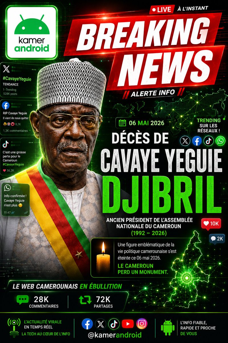 PaskalKent's tweet photo. 🚨 BREAKING NEWS 🇨🇲
Le décès de Cavaye Yeguie Djibril secoue actuellement les réseaux sociaux camerounais.
🕯️ Fin d’une époque politique au Cameroun.
#CavayeYeguie #BreakingNews #Cameroun #KamerAndroid https://t.co/8VoURrcj54