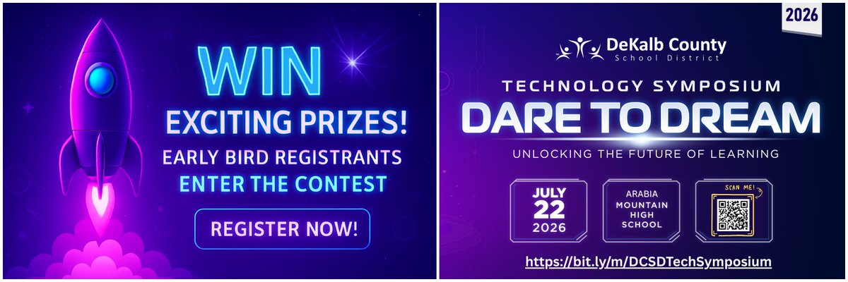 DeKalbSchoolsIT's tweet photo. 💡PD + prizes = a win-win! 
Register for the DCSD Tech Symposium by May 15th and be entered into our early bird prize drawing 🎁 

📍Must be present on July 22nd to claim your prize! 
https://t.co/m4Ofa0w2BD 

#TechSymposium26 #DCSDDaretoDream https://t.co/rb8s0X741i