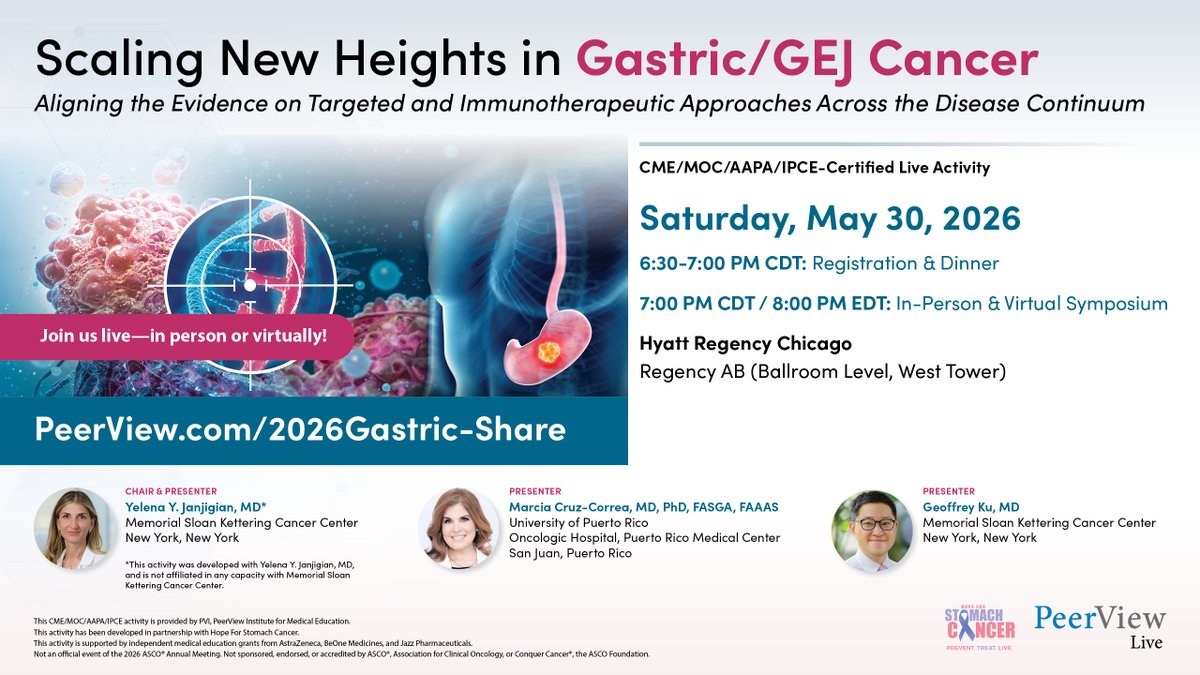 StoCANcer's tweet photo. Gastric &amp; GEJ cancer treatment is evolving fast and patients deserve care that reflects it. Join us and @PeerView at #ASCO26 for a live symposium on biomarker-driven care, targeted therapies, and immunotherapy. 5/30 at 7 PM CDT in Chicago or virtually. https://t.co/w69Qlo1WPb https://t.co/IAWvHC3Fig