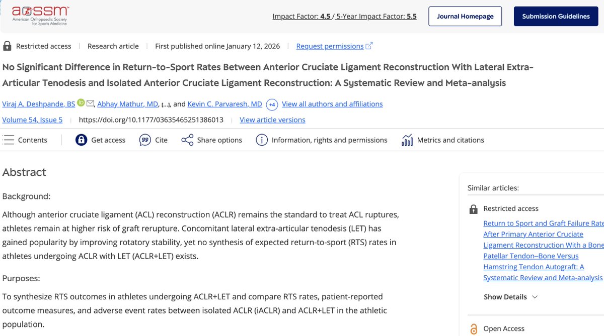 prem_ramkumar's tweet photo. More surgery doesn’t always mean a faster comeback. 

A recent study found no difference in return-to-sport rates between ACL reconstruction alone and Anterior Cruciate Ligament (ACL) + Lateral Extra-Articular Tenodesis (LET). https://t.co/N0jYPRZPY9 @aossmjournals #medtwitter https://t.co/DZlSCVO7XK