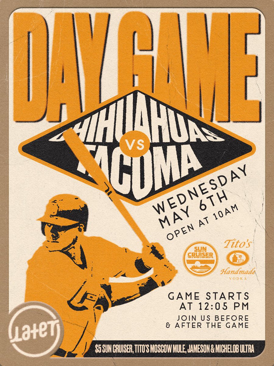 Let's get this DAY GAME started! Open at 10am. ⚾🏡 <a href="/epchihuahuas/">El Paso Chihuahuas</a>

For Reservations visit drinklaterlater.com 🍾