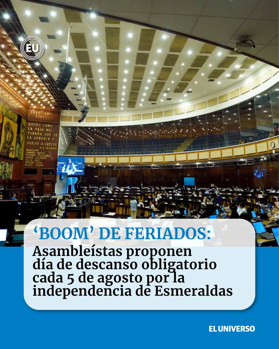 eluniversocom's tweet photo. ‘Boom’ de feriados: #asambleístas proponen día de descanso obligatorio cada 5 de agosto por la independencia de Esmeraldas https://t.co/BRBgJMyMf3 https://t.co/PJc3YsNpz0