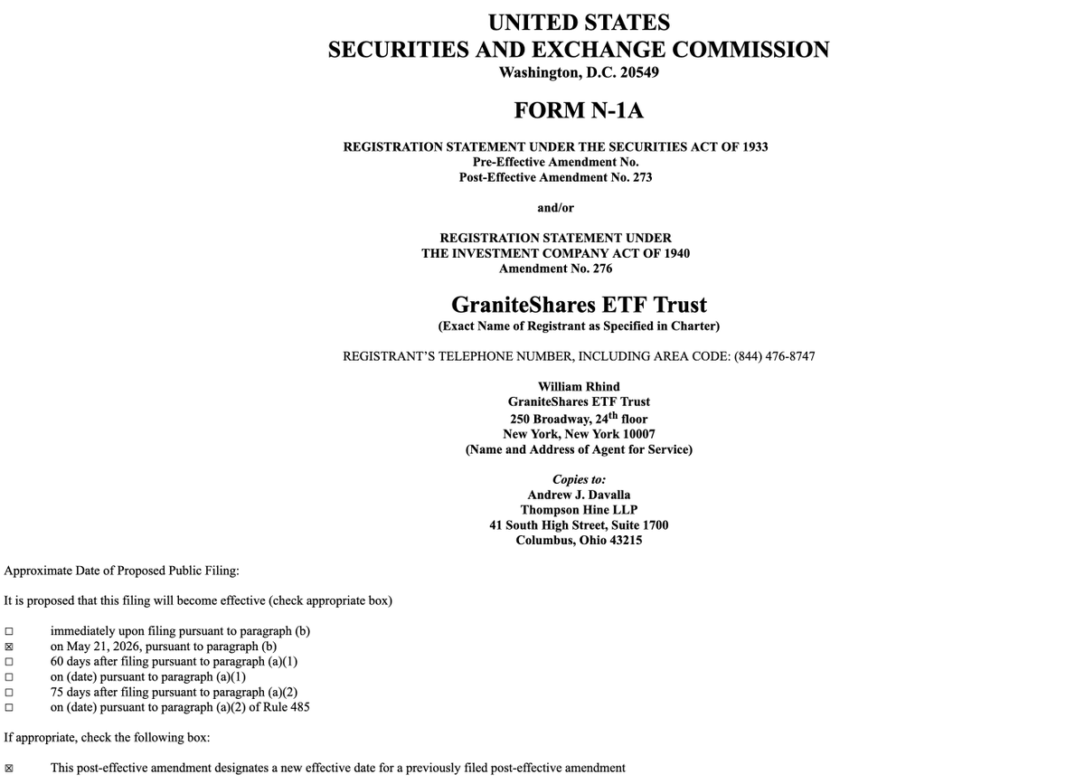 heythereRich's tweet photo. GraniteShares punts 3X Long/Short SOL, BTC, ETH, XRP ETF's to Thursday, May 21st - 15 days out from today. https://t.co/U5LbtU0GO4
