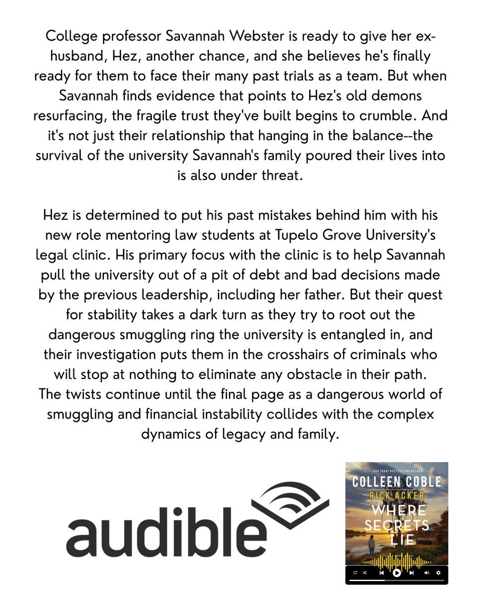 colleencoble's tweet photo. Are you an Audible member? If so, you can snag WHERE SECRETS LIE for only $7.99. Who here is an audiobook listener? Even bigger question, does listening to an audiobook count as reading? Let me know in the comments!
#AudibleSale #AudibookLover #ReadAudio #TupeloGrove https://t.co/7z0rLbCdBk