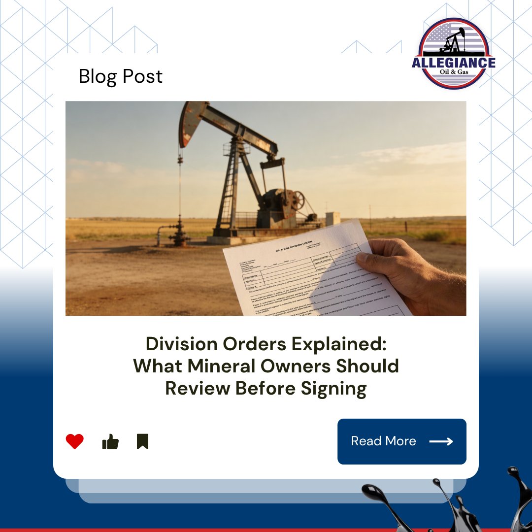 AllegianceOil's tweet photo. A division order may look mundane, but reviewing key details before signing is critical!

Our latest blog explains what mineral owners should closely verify before signing -- from ownership information to decimal interest calculations:

🔍 https://t.co/CRcUGGaBYw https://t.co/I78v7JtdmW