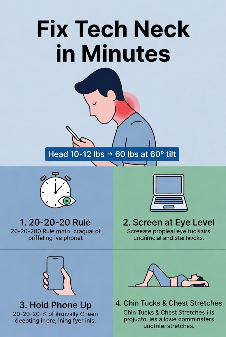 judy08281241's tweet photo. Tech Neck – Your Phone is Heavy!
Your head = 10–12 lbs.
At 60° tilt = 60 lbs crushing your neck → pain, headaches, stiffness.
Fix It Fast:
• 20-20-20 rule every 20 min
• Screens at eye level
• Hold phone up
• Daily chin tucks + chest stretches
Straighten up! 💪
#TechNeck #Posture