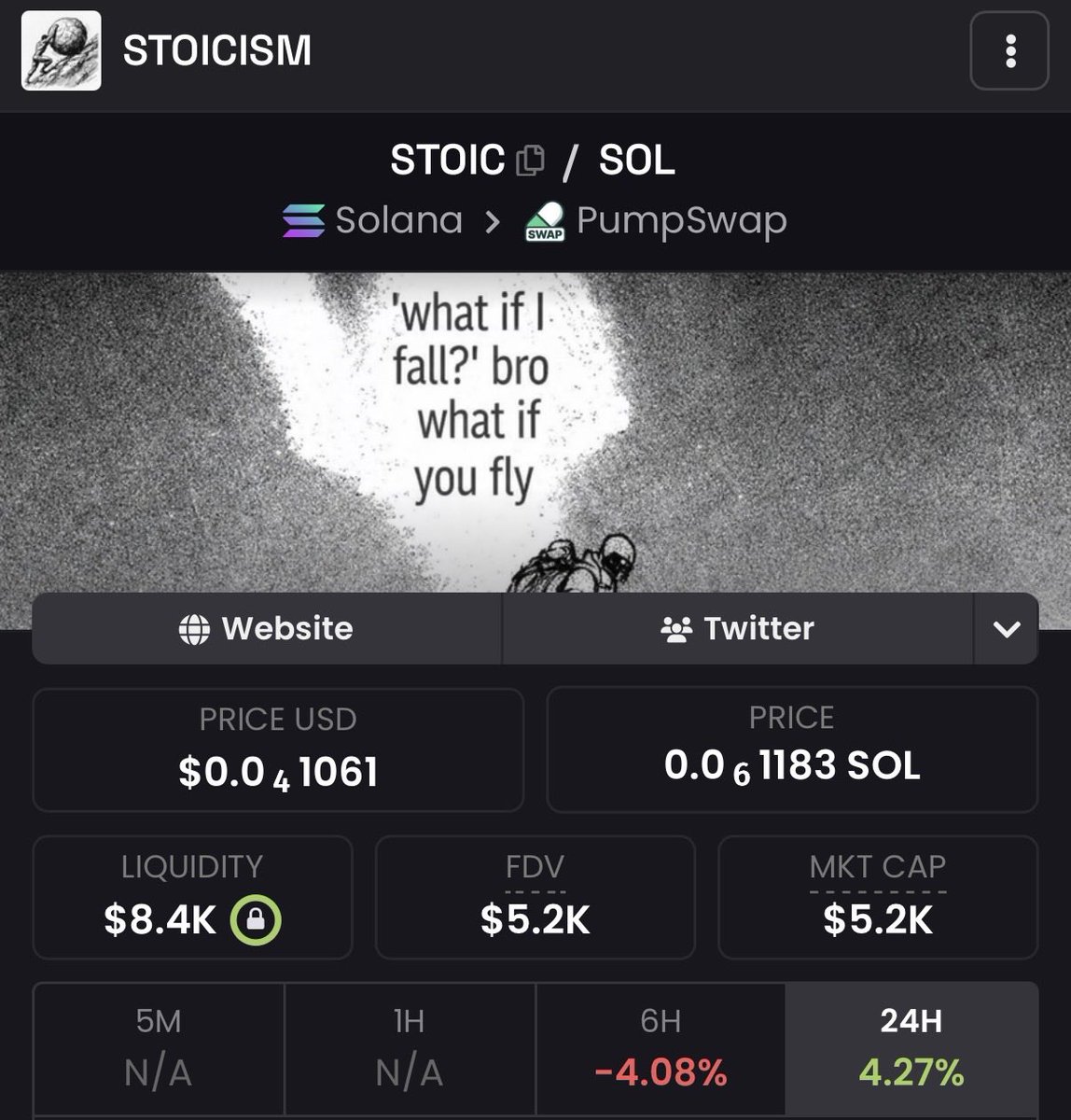 SpoiledBySpoily's tweet photo. I know 98% of you ignore those lowcap shitters, but here me out 20sec:

I launched it on the ROME DEV wallet , and instead of clipping 36k$ out the Chart, I burned it (50% of the total supply)

The only narrative on the Solana block chain that still makes sense to bagwork at 5k MC after almost 2 months is stoicism, cause even if its at 5k, 20k or 500k

Stoic‘s don’t give up - and especially not a golden narrative Like this 

Its a evergreen viral narrative, and the main narrative of every trader + it literally embraces bagworking

$STOIC | CA: ARZhHi2RYAjCjDh9T4LDFgZ6wEnphAVcxX35ycTgpump