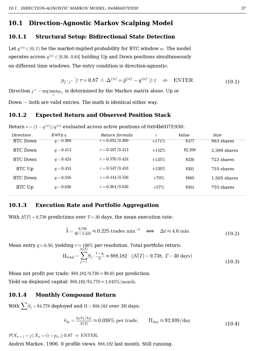 0xRicker's tweet photo. This HFT bot make $88,182/month with 0 profile views and a trade executed every 4.6 minutes

The market has no idea it exists

P(Xₙ₊₁ = j | Xₙ = i) = pᵢⱼ ≥ 0.87 → ENTER

That's the whole formula. Andrei Markov published it in 1906. It's been making this account $88K a month

He runs pure BTC directional scalping across hourly and 5-minute windows with a wide entry range

36¢–63¢, simultaneously holding Up and Down positions on different time windows at the same time

700–2,400 shares per position. Multiple windows open in parallel. One trade every 4.6 minutes, 24 hours a day

t detects when the Markov state is committed and enters regardless of direction. Both sides work. The math is identical either way

Mean entry ≈ 50¢ → avg r ≈ +100% per resolution

Profile: https://t.co/eJdGxZx8i9