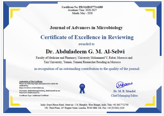 GazemAlselwi's tweet photo. شهادة التميز في المراجعة من مجلة "التطورات في علم الأحياء الدقيقة". 
The certificate  of Excellence in Reviewing from the *#Journal of Advances in Microbiology)..
#Abduladeem_GـM_ALSELWI
#PublicHealth #Research #PeerReview #AcademicExcellence #GlobalHealth #ScientificResearch https://t.co/hAtklmnEZi