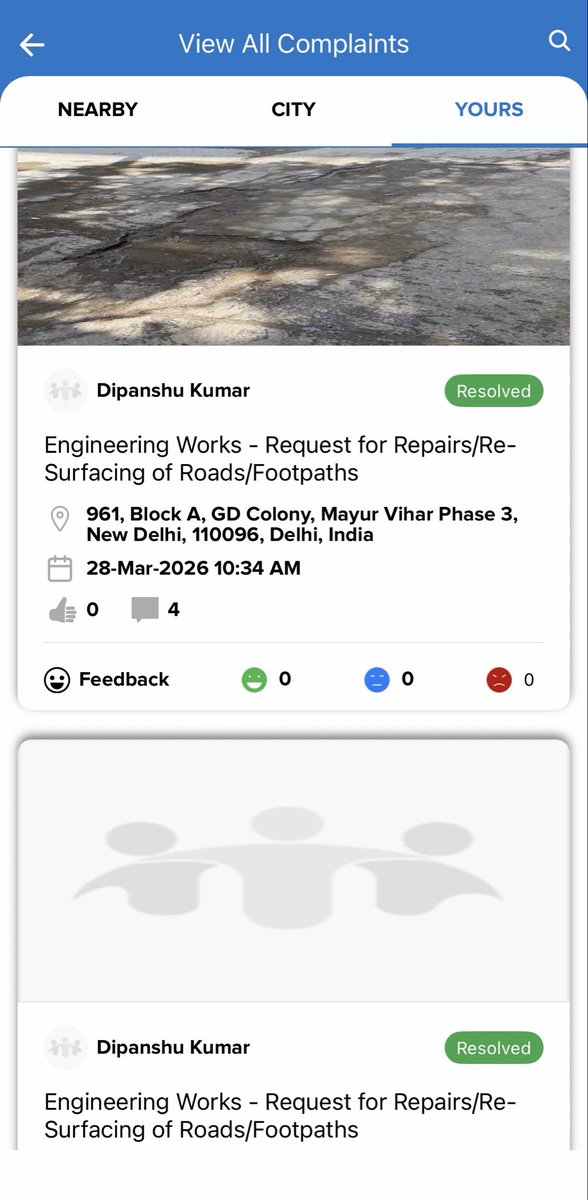 deepu007bond's tweet photo. Multiple times complaints raised but roads still not repaired by MCD. Complaints are marked resolved without any work done.
Complaint Nos:
260328161200767944
260327163727854946
A-961, G.D. Colony, Mayur Vihar Ph-3, Delhi - 96
See attached images. @MCD_Delhi @DelhiPwd @CMODelhi https://t.co/VdUMN5kuio