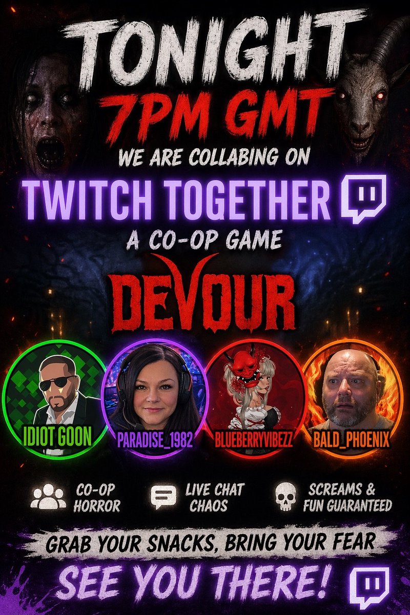 Goonie_Goo_Gooo's tweet photo. STREAM COLLAB TONIGHT!
Going LIVE tonight with friends for some more DEVOUR horror madness! Finally on the new Circus Map!
I predict screams, laughs, & intense moments!
🔴LIVE Tonight at 7PM UK Time
🔗https://t.co/lYNNxYTDrk
#TwitchStream #DevourGame #HorrorGaming #horrorgame https://t.co/zZ4aNbAWlx