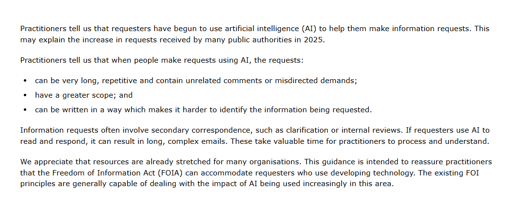 owenboswarva's tweet photo. New guidance to support public authorities dealing with AI-generated FOI requests https://t.co/LPPyBHhY65

Advice seems sensible enough, but ICO doesn't suggest any actions that are likely to offset the reported increase in overall requests. (Is AI really behind that? Anecdotal?) https://t.co/dBuC8yldSr