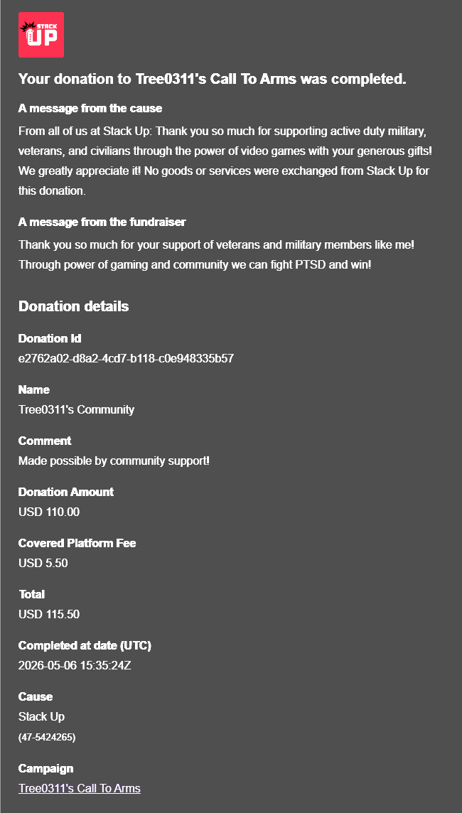 Tree0311_SC's tweet photo. Catching up on fundraising for @StackUpDotOrg! Here are my last two payouts from Twitch, and here's that donation to my fundraising campaign thanks to the support from my community! https://t.co/QFv6IzkEVy