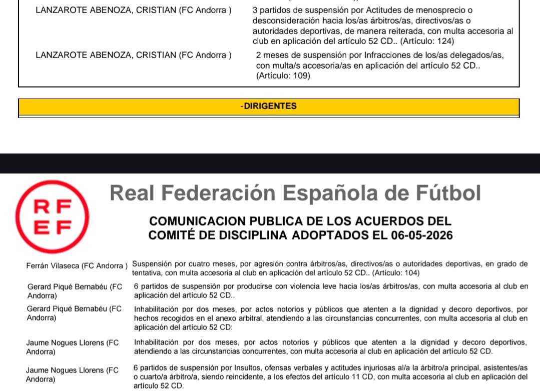 🏟 Cierre por 2 partidos de manera parcial del estadio del Andorra (palcos y zonas vip) que es allí donde hayamos presuntamente a la gente más agresiva, maleducada e incívica del país y multa de 1500€.

❌️ Ferrán Vilaseca (presidente) 4 meses.

❌️ Piqué inhabilitado 2 meses