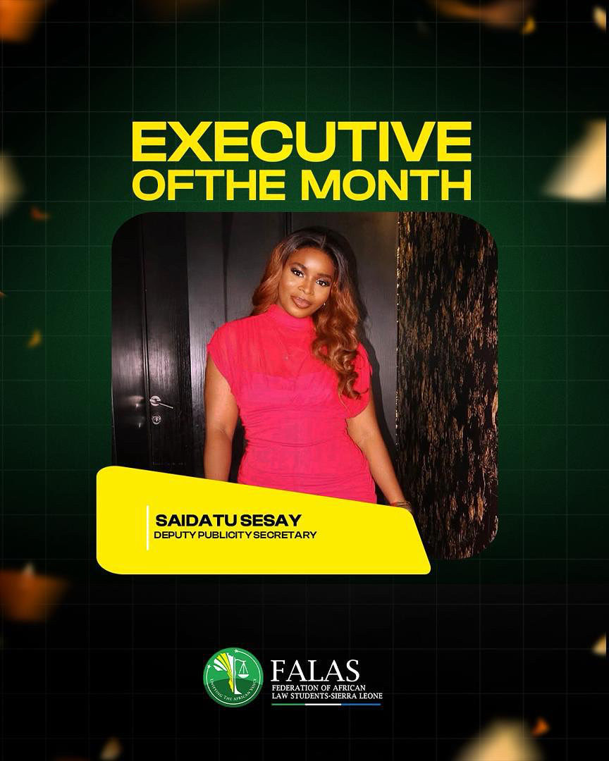 FALASSL232's tweet photo. Congratulations to Saidatu Sesay – Executive Member of the Month for April!

We are delighted to announce that Saidatu Sesay, our dedicated Deputy Publicity Secretary, has been selected as the Executive Member of the Month for April.

Saidatu stood out through her outstanding commitment, consistency, and exceptional performance throughout the month. Her tireless efforts in driving publicity initiatives, ensuring timely and effective communication, and going above and beyond in her responsibilities have been truly commendable. Whether working behind the scenes or delivering visible results, Saidatu has shown remarkable dedication and a strong passion for excellence.

Her hard work has not only elevated the profile of our organization but has also inspired many within the team. This recognition is a well-deserved testament to her professionalism, reliability, and positive attitude.

Join us in celebrating Saidatu Sesay for her outstanding contributions! 🎉

Thank you, Saidatu, for your relentless efforts.

#falas #falassl