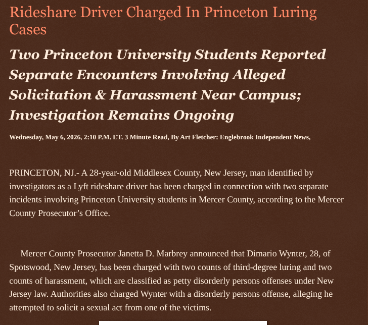 ArtFletcher9's tweet photo. Rideshare Driver Charged In Princeton Luring Cases https://t.co/W4XMjNaNGA via @Englebrooknews #NewJersey #CrimeNews #MercerCountyNJ #PrincetonNJ #MiddlesexCountyNJ @Lyft #Rideshare #driver #arrested #charged #Luring #harassment @wireless_step @HRG_Media @LodiNJNews @fordmb1 @SarahGeving1 @Shannon96574094 @DanCook26214426 @Daytobehappy @janninereid1 @gator4kb18 @KathyKbrose @RobGerundo @JimBobW49