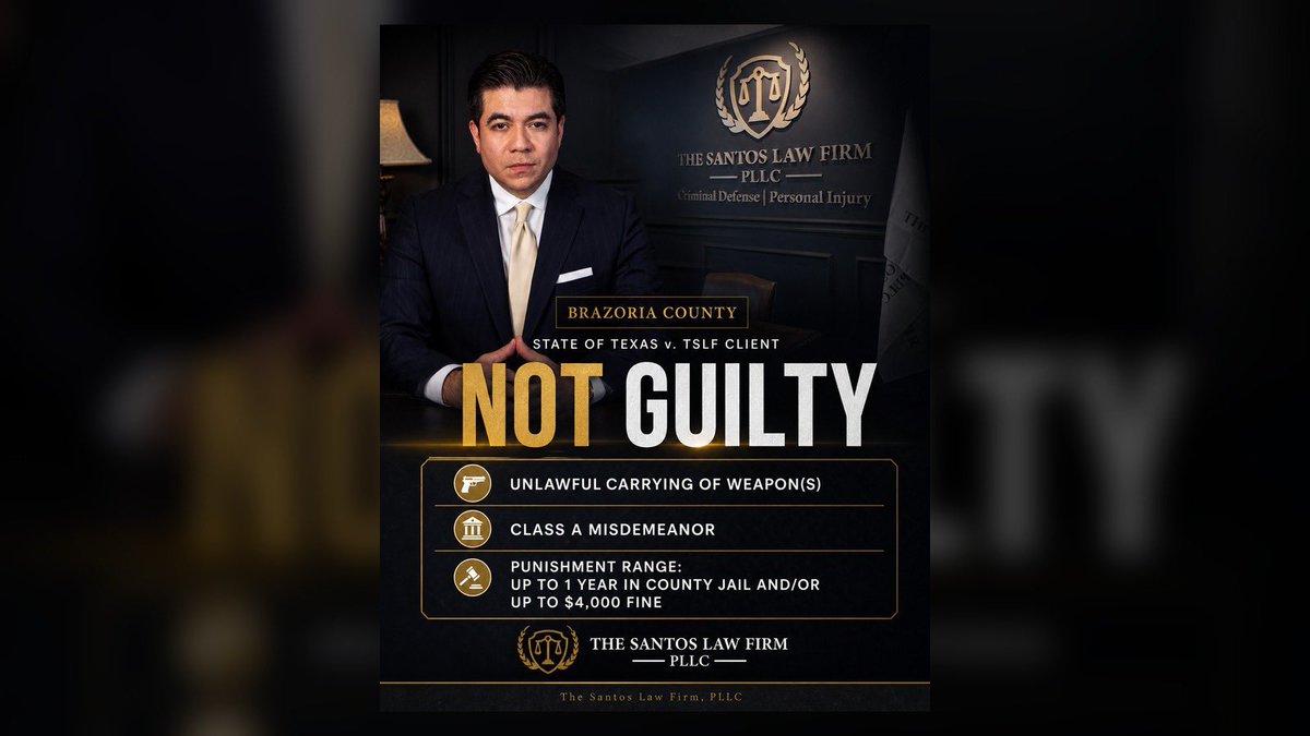 CriminalArrest's tweet photo. Brazoria County.

State of Texas v. TSLF Client.
Unlawful Carrying of Weapon(s).
Class A Misdemeanor.
Punishment range: up to 1 year in county jail and/or up to a $4,000 fine.

Verdict: Not Guilty.

The Santos Law Firm, PLLC
📞 (832) 930-2922

Every case is different. https://t.co/FFaZhj3HdV