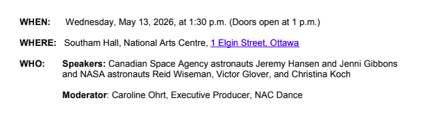 Canada's very own space man, Jeremy Hansen, will be at the National Arts Centre next Wednesday afternoon, alongside his Artemis II crewmates Reid Wiseman, Victor Glover, and Christina Koch, plus Canadian Space Agency astronaut Jenni Gibbons, for Beyond Earth, a free, public