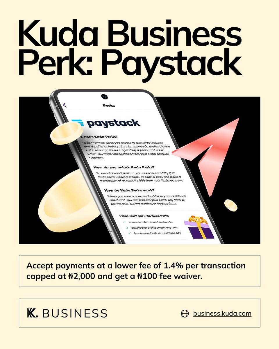 Paystack fees, but lighter.

Get 1.4% per transaction capped at ₦2,000, plus a ₦100 fee waiver with the Paystack Perk on Kuda Business.

Open your app and go to Perks to get started.
