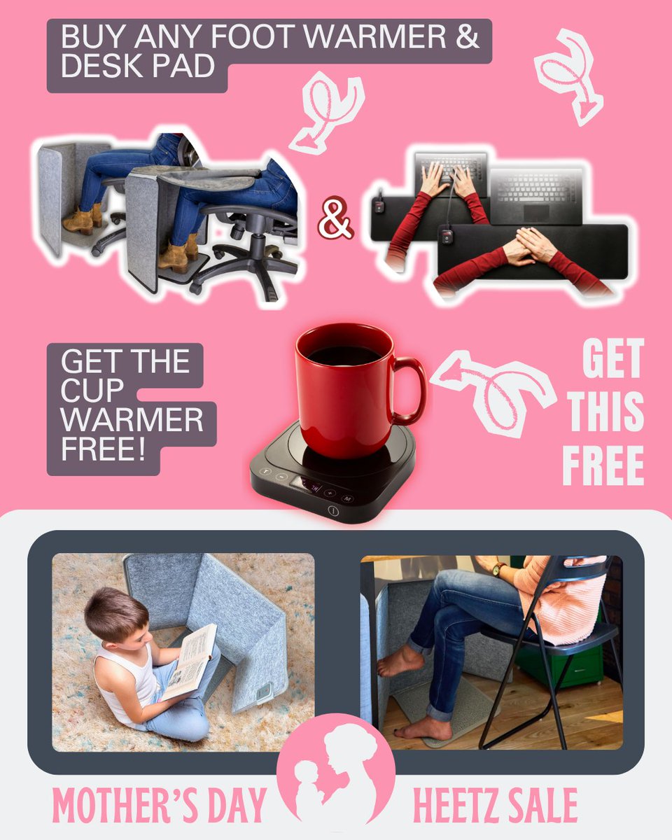 VictorTechBrand's tweet photo. Still need a last-minute Mother’s Day gift?

We’ve got 3 deals:

Buy any foot warmer + desk pad → get a FREE cup warmer
Buy one → get 10% off
Buy two → get 20% off

Explore the full Heetz lineup designed to keep your workspace cool and comfortable: https://t.co/ROW7YW5K7D https://t.co/DrWVbWe28A