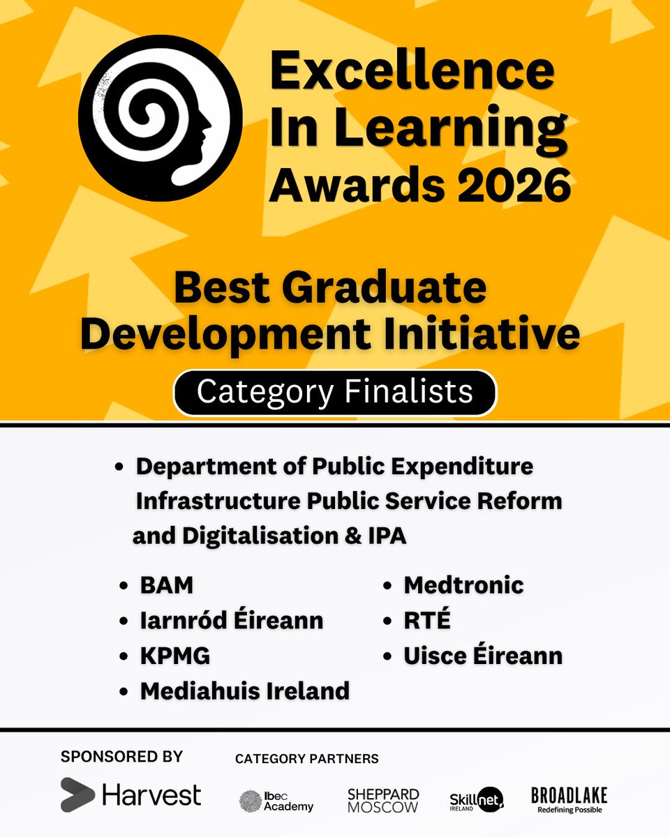 LandDInstitute's tweet photo. Best of luck to our category finalists for the🏆 Best Graduate Development Initiative

⭐ Department of Public Expenditure Infrastructure Public Services Reform and Digitalisation &amp; IPA
⭐ BAM
⭐ Iarnród Éireann
⭐ KPMG
⭐ Mediahuis Ireland
⭐ Medtronic
⭐ RTÉ
⭐ Uisce Éireann https://t.co/HlgJQ3IPbd