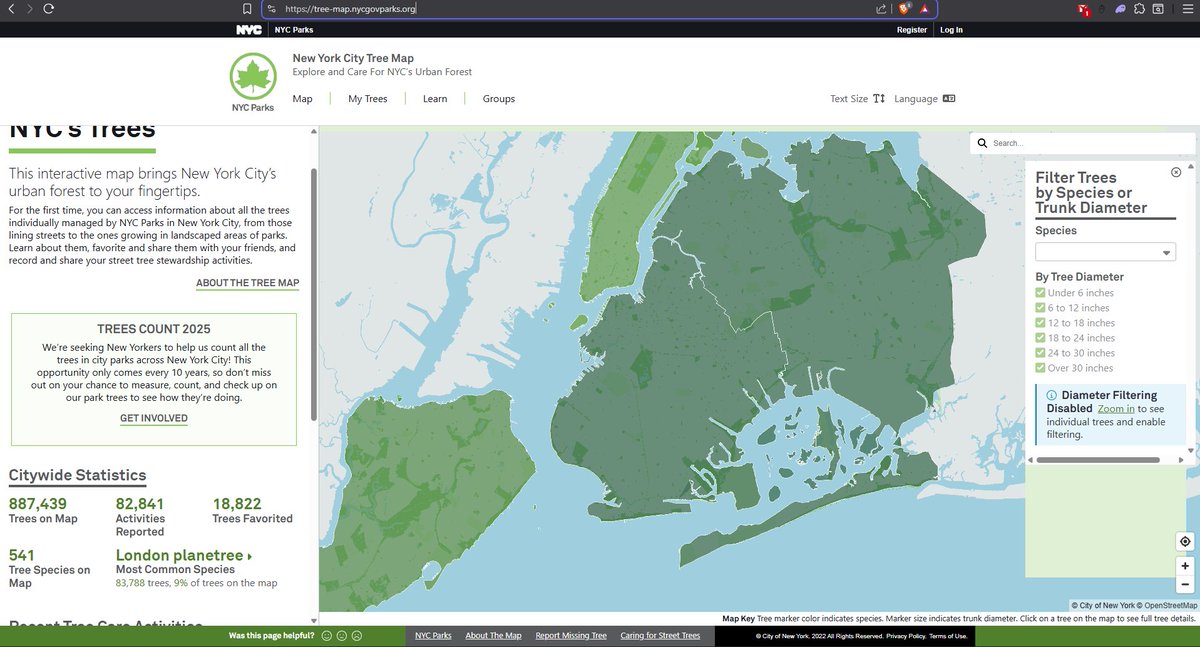 New York มีเว็บไซต์ไว้ดูต้นไม้ (เกือบ) ทุกต้นในรัฐแบบ Interactive ที่สามารถ filter หาสายพันธุ์ ขนาด อายุได้

รวมถึงมีอัปเดตด้วยว่าต้นที่เท่าไหร่ได้ปรับปรุงดิน ตัดตอนกิ่งแล้วด้วย

เปิดโลกมาก

tree-map.nycgovparks.org