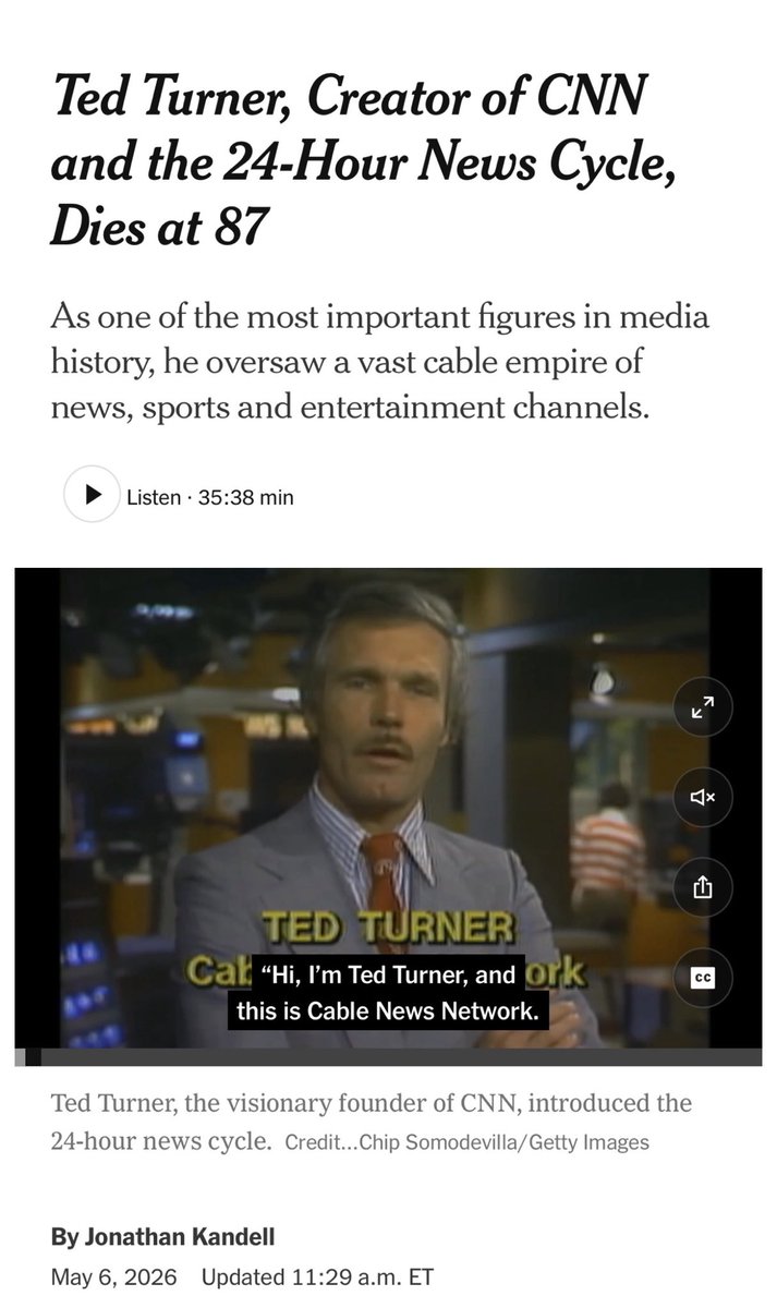 Danielle_DaSilv's tweet photo. RIP to CNN founder and creator of the 24 hour news cycle, Ted Turner! https://t.co/rpwevG7n1G