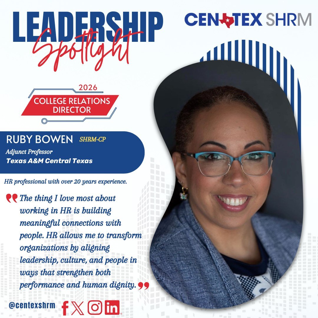 CentexShrm's tweet photo. 📷Leadership Spotlight📷
We'd like to introduce our 2026 College Relations Director, Ruby Bowen! https://t.co/NKTqLqMYcf