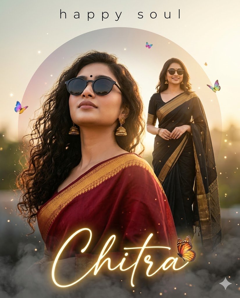 naveengfx1's tweet photo. South Indian fashion poster prompt @ChatGPTapp  @GeminiApp  @NanoBanana 

Use the uploaded reference image as the exact face, hairstyle, body type, and identity source.

Create a premium cinematic South Indian fashion poster featuring the same young Indian woman from the uploaded image with STRICT 100% facial identity preservation. The face must remain completely unchanged — identical facial structure, skin tone, curly hairstyle, expression style, lips, nose, jawline, and natural beauty.

Design a high-end dreamy editorial composition inspired by modern Telugu Instagram celebrity poster aesthetics.

🎨 Composition & Layout:
- Vertical portrait poster composition (4:5 ratio)
- Dual pose composition using the SAME woman from the uploaded image
- One large foreground portrait from a low-angle cinematic perspective
- One secondary full-body pose in the background
- Elegant layered composition with depth
- Stylish fashion-poster balance
- Premium typography placement at top and bottom

👩🏽 Character Styling:
Foreground look:
- Deep red traditional saree with rich golden border
- Stylish black round sunglasses
- Natural curly hair flowing dramatically
- Small black bindi
- Traditional gold jhumka earrings
- Confident upward pose

Background look:
- Black saree with luxury gold border detailing
- Same sunglasses
- Soft smiling pose
- Cinematic standing posture
- Elegant feminine styling

⚠️ Identity Preservation Rules:
- Keep exact same face from uploaded image
- Same skin texture and complexion
- Same curly hair pattern and volume
- No face reshaping
- No AI beauty filter
- No hairstyle alteration
- No expression distortion
- Must look like the exact same real woman

🌅 Lighting & Mood:
- Warm golden-hour cinematic lighting
- Soft sunlight glow from side/back
- Atmospheric dreamy mood
- Luxury Instagram reel poster aesthetic
- Filmic color grading
- High dynamic range

🦋 Background & Effects:
- Soft outdoor blurred background
- Large faded circular gradient halo behind subject
- Floating colorful butterflies
- Cinematic smoke/fog at bottom
- Golden glowing dust particles
- Soft magical sparkles
- Shallow depth of field with creamy bokeh

✨ Typography:
Top text:
- Minimal spaced lowercase typography saying: "happy soul"
- Elegant thin modern font

Bottom title:
- Large glowing handwritten script text: "Chitra"
- Golden neon calligraphy effect
- Cinematic glow
- Butterfly sitting near the text

📷 Camera Details:
- Shot on Sony A7R IV
- 85mm cinematic portrait lens
- Ultra detailed realistic photography
- DSLR depth and realism
- Hyper realistic skin texture
- Professional fashion editorial look

🎨 Color Palette:
- Deep crimson red
- Matte black
- Warm gold
- Soft teal-green background
- Creamy sunlight tones

Quality:
- Ultra realistic
- 8K
- HDR
- Ultra detailed
- Sharp focus
- Professional retouching
- Print-ready cinematic poster

Negative Prompt:
different face, face distortion, AI face, extra fingers, bad anatomy, low quality, cartoon look, oversaturated skin, plastic skin, blurry details, duplicate person errors, bad saree folds, unrealistic hair, distorted sunglasses, watermark, text errors