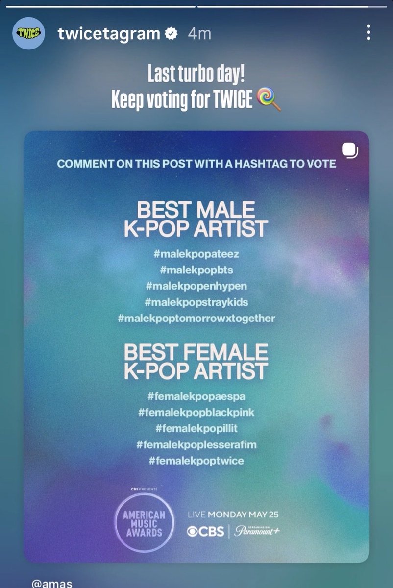 o amas postando sobre todos os grupos que estão concorrendo na mesma categoria que o twice, mas o único grupo que esqueceram de postar foram elas. espero que isso sirva de incentivo pra once VOTAR, estamos em segundo lugar com uma diferença baixíssima. é só once pelo twice mesmo