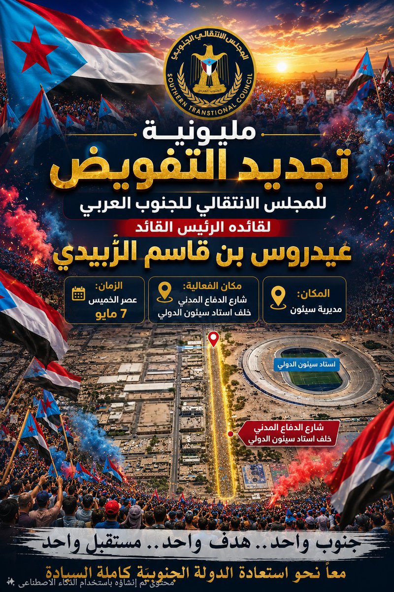 AmgedSabeeh's tweet photo. ندعو كافة أبناء مديريات وادي وصحراء حضرموت إلى المشاركة الواسعة والاحتشاد الكبير في مليونية تجديد التفويض للمجلس الانتقالي الجنوبي بقيادة الرئيس القائد عيدروس بن قاسم الزُبيدي، تأكيداً على العهد، وتجديداً للدعم الشعبي، وإظهاراً لقوة الإرادة الجنوبية في مواجهة كل التحديات.

📍 المكان: مديرية سيئون
📍 موقع الفعالية: شارع الدفاع المدني خلف استاد سيئون الدولي
📍 الزمان: عصر الخميس 7 مايو
#المهره_تجدد_التفويض_لعيدروس
