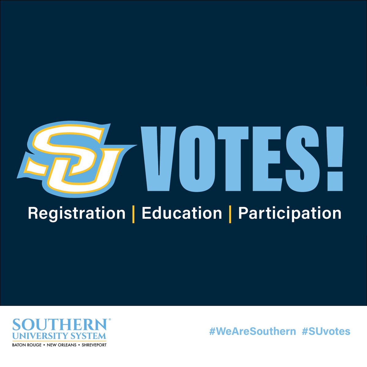SouthernU_BR's tweet photo. Hey, Jags!

Early voting is happening now in Louisiana. Don’t wait—cast your ballot ahead of Election Day on May 16.

For more about this election/where to find your sample ballot, visit https://t.co/1lOj7Jop4r

#WeAreSouthern #SUvotes https://t.co/8Ak7fwXIdZ