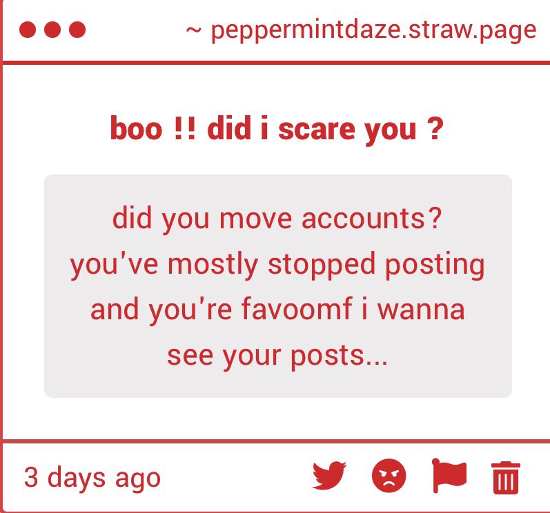 peppermintdaze's tweet photo. okay so i know i’ve been dead but 

NOO ANONOOMF I’M SO SORRY i haven’t moved accounts but I don’t use Twitter or most of my accounts at all anymore :( I mostly post on tiktok now (peppermintdaze on everything btw) https://t.co/g3lCMg41U9