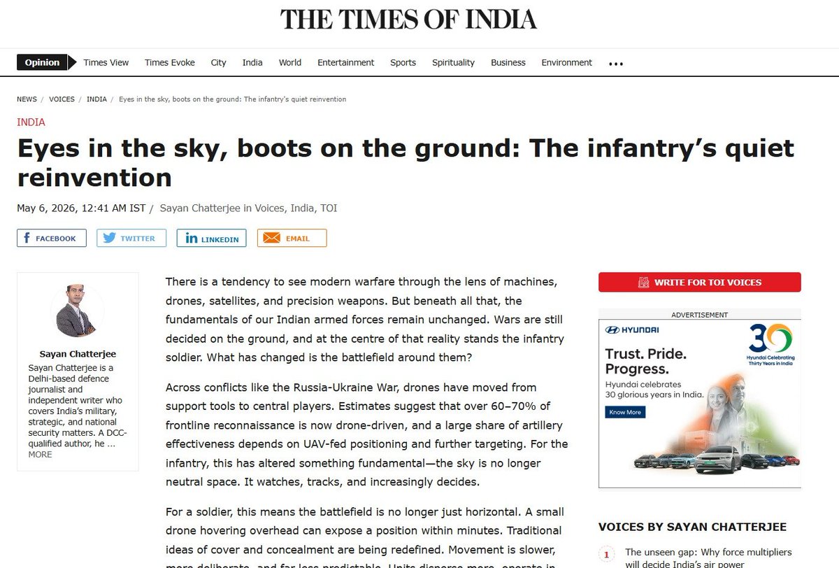 sayanyde's tweet photo. #Opinion || 𝐓𝐡𝐞 𝐓𝐢𝐦𝐞𝐬 𝐨𝐟 𝐈𝐧𝐝𝐢𝐚.
Eyes in the sky, boots on the ground: The infantry’s quiet reinvention.

Dated: 06-05-2026. #India #Defence #Army

Read it here: https://t.co/GNhE3thsUg https://t.co/sBR1Q4UJiG