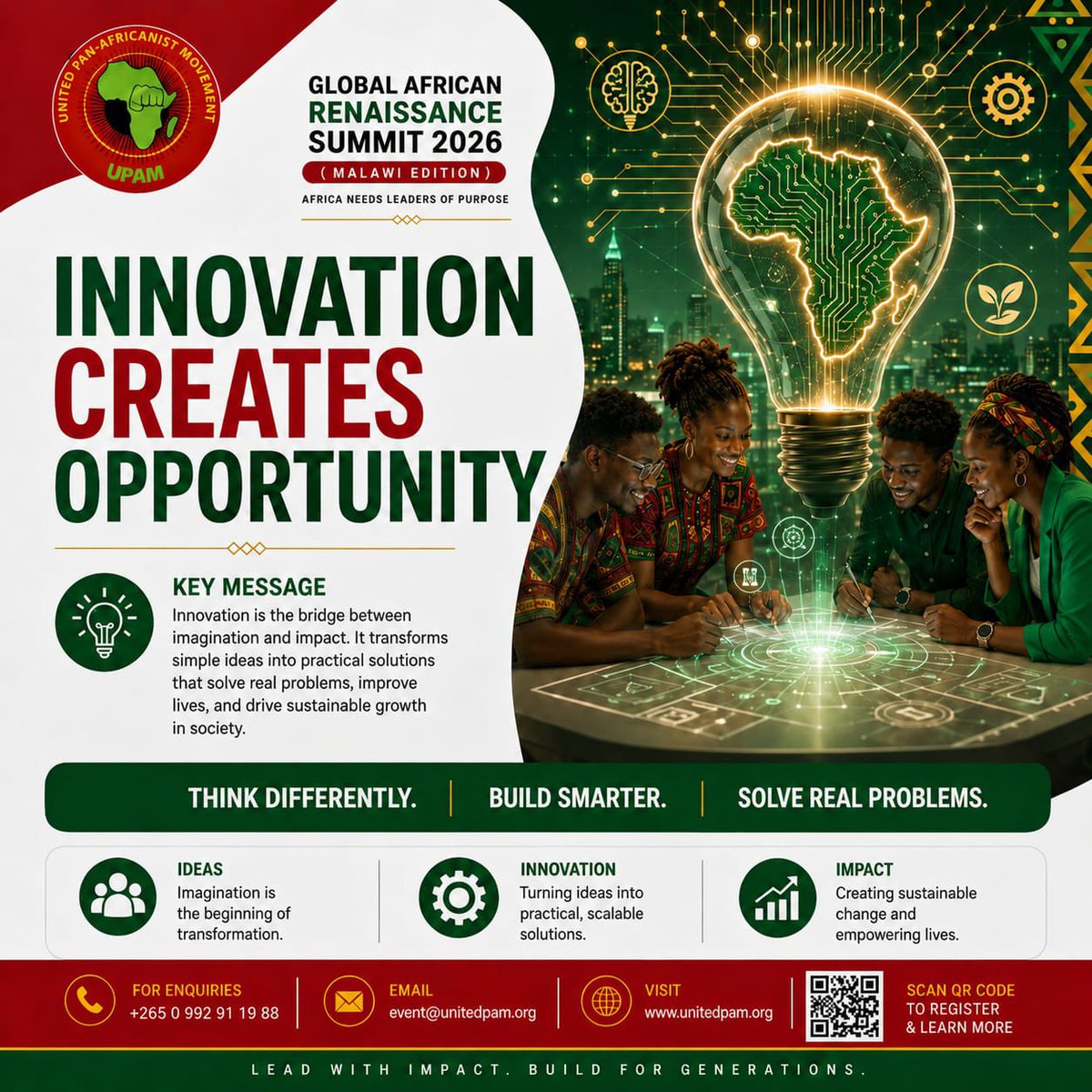 UPAM_Official's tweet photo. Innovation creates opportunity!

Join bold thinkers and changemakers at the Global African Renaissance Summit 2026 (Malawi) on June 15. This is where ideas turn into impact.

Register now: https://t.co/AUozfzRa5Z
#OneAfrica #Malawi2026 #AfricaRising #LeadWithImpact https://t.co/IkVzLJzMaH