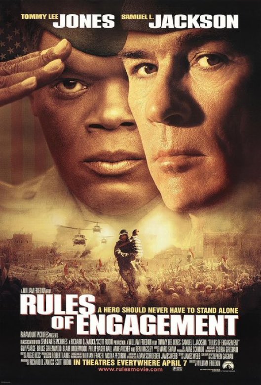 Rules of Engagement. I just assumed going in it was going to have some kind of anti-war message but it instead felt deeply racist with a takeaway that the US military massacring people really isn’t that bad. Finished that movie baffled and disgusted.