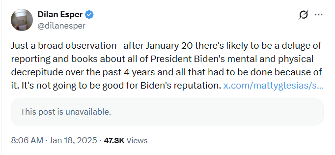 Perfect example is this guy. "There's likely to be a deluge of reporting and books coming."

Just never happened. And when you bring that up, all they can do is scream "PARTISAN. BIDEN DEAD-ENDER. OPEN YOUR EYES!"

And when you ask what bombshells the Original Sin book had, you