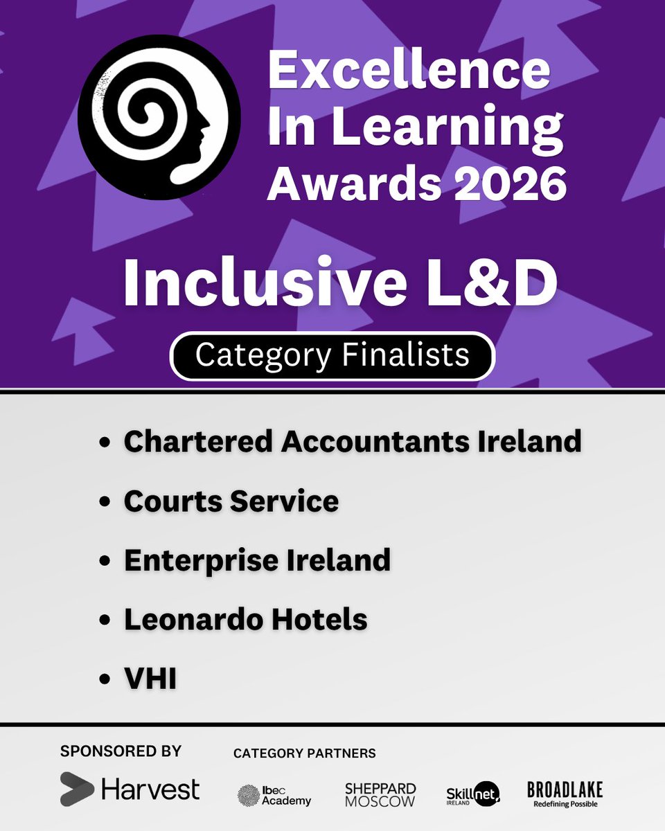LandDInstitute's tweet photo. Best of luck to our category finalists for judging day on the 18th of May at Killashee Hotel for the: 🏆 Inclusive L&amp;D

⭐ Chartered Accountants Ireland
⭐ Courts Service
⭐ Enterprise Ireland
⭐ Leonardo Hotels
⭐ VHI

Special thanks to our sponsor Harvest and category partners. https://t.co/MpGCdkVYqB