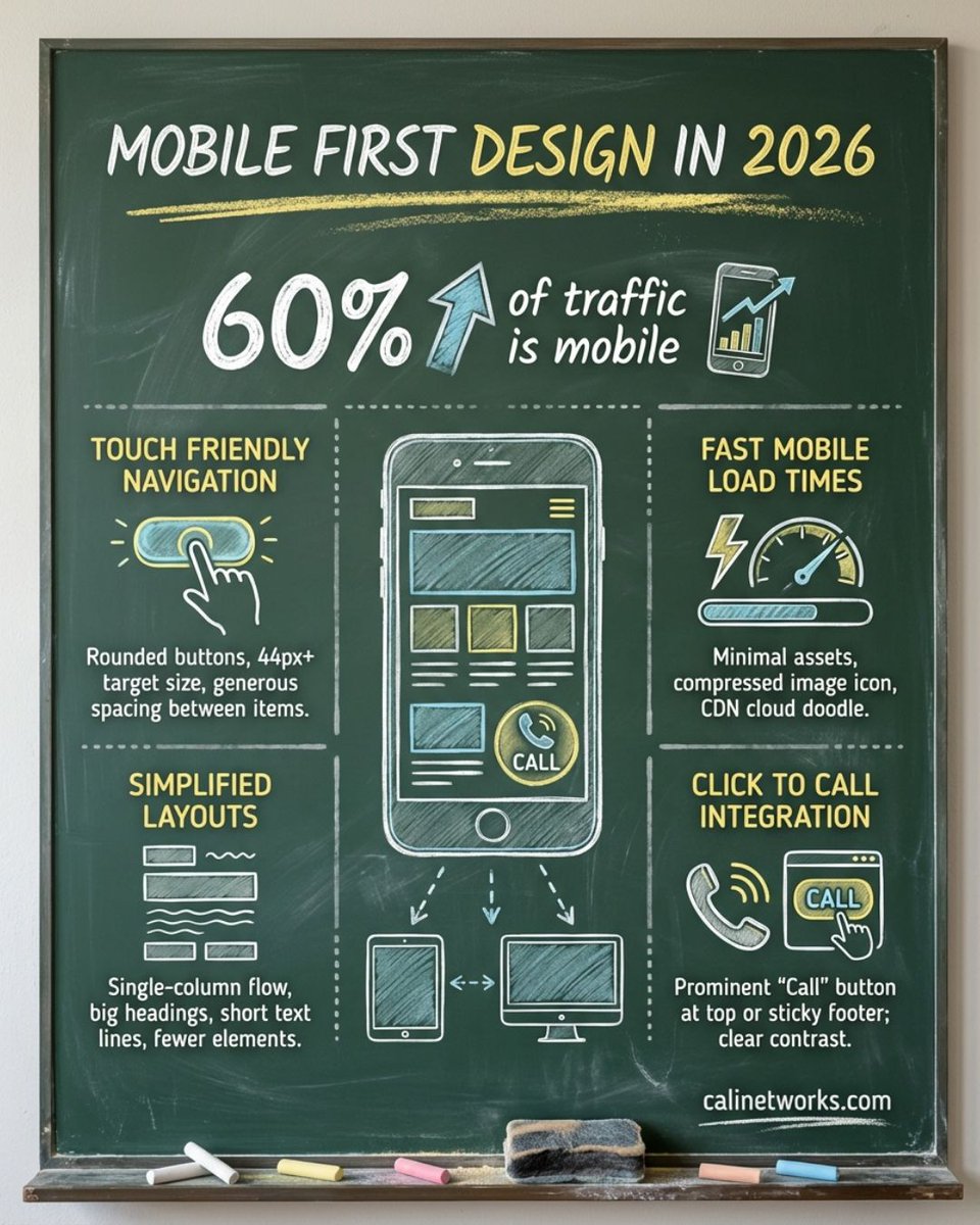 CALI_NETWORKS's tweet photo. 60%+ of web traffic is mobile. Google ranks your site based on its mobile version. A site built for desktop that performs poorly on mobile loses visibility regardless of content quality. Is your site mobile-first? https://t.co/oS3AO5f5X0 #MobileFirst #WebDesign https://t.co/vhhxcI5F9u