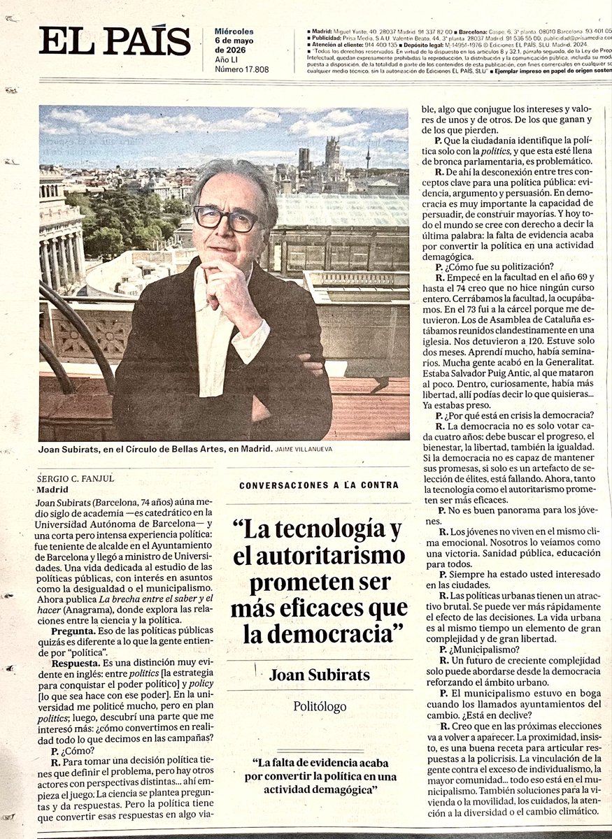 subirats9's tweet photo. En la contraportada de hoy de @el_pais la entrevista que me hizo @txepeligro sobre el libro “La brecha entre saber y hacer. Democracias más fuertes con políticas más efectivas” de @AnagramaEditor y otros temas de actualidad y trayectoria personal https://t.co/OhMZSLlccO