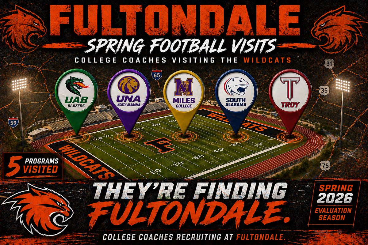 Fultondalefb's tweet photo. Shout out @UAB_FB @UNAFootball @cnfootball @SouthAlabamaFB @milescollegefb @TroyTrojansFB for stopping by to check out our Student-Athletes thus far! We dropped the pin and they showed up! #RecruitDaDale #Weworking #TheStandard #EF3boyz https://t.co/42iai7uSBs