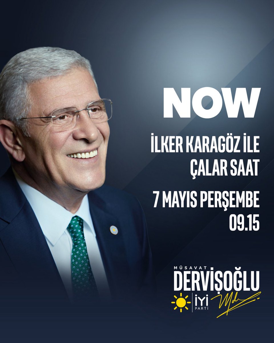 Genel Başkanımız Sayın Müsavat Dervişoğlu <a href="/MDervisogluTR/">Müsavat Dervişoğlu</a>;

🗓️ 7 Mayıs Perşembe (yarın)
⏰ 9.15'te
📺 NOW TV'de

İlker Karagöz ile #ÇalarSaat programına konuk oluyor.

Sizleri de ekran başına bekliyoruz.☀️