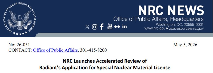 HopfJames's tweet photo. NRC has accepted for review Radiant's application for its micro-reactor fabrication facility.  NRC plans to take eight months to perform the review.  That's ~55% faster than what such a review used to take.  Article link in reply. https://t.co/AaFlQMxAp3