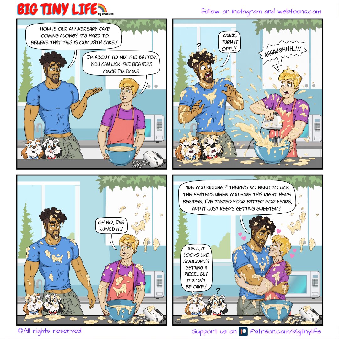 chadsartworld's tweet photo. Celebrating 28 years together
Here is BTL Ep. 401 "Cake Batter"
Join us on Patreon https://t.co/6i55hawewK
#happyanniversary #comicstripart #gaycomics #gaycouplelife #gaycouples #funnycomic #comicfun #gayrelationships #cutecomics #gayloveislove #gayhusbands #lgbtqlove https://t.co/osMfcnHzYx